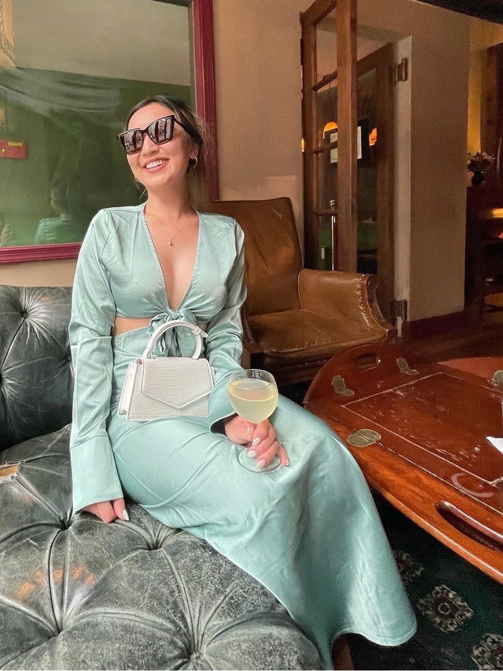 RNWY Sage Green Tie-Front Satin Dress
